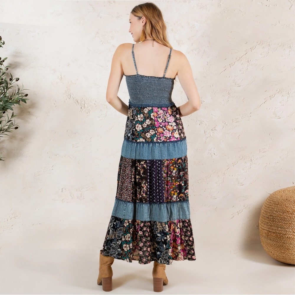 Smocked Tiered Floral Midi Dress in Teal and Black - Picture 3 of 12